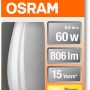 Osram LED-Leuchtmittel E14 Kerzenform, 5,5W, warmweiß, 806 lm. Detailaufnahme der Verpackung.