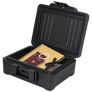 Offene schwarze HMF Dokumentenbox mit Pass, Notizbuch und Schmuck. Feuerfeste, wasserdichte Geldkassette, abschließbar.