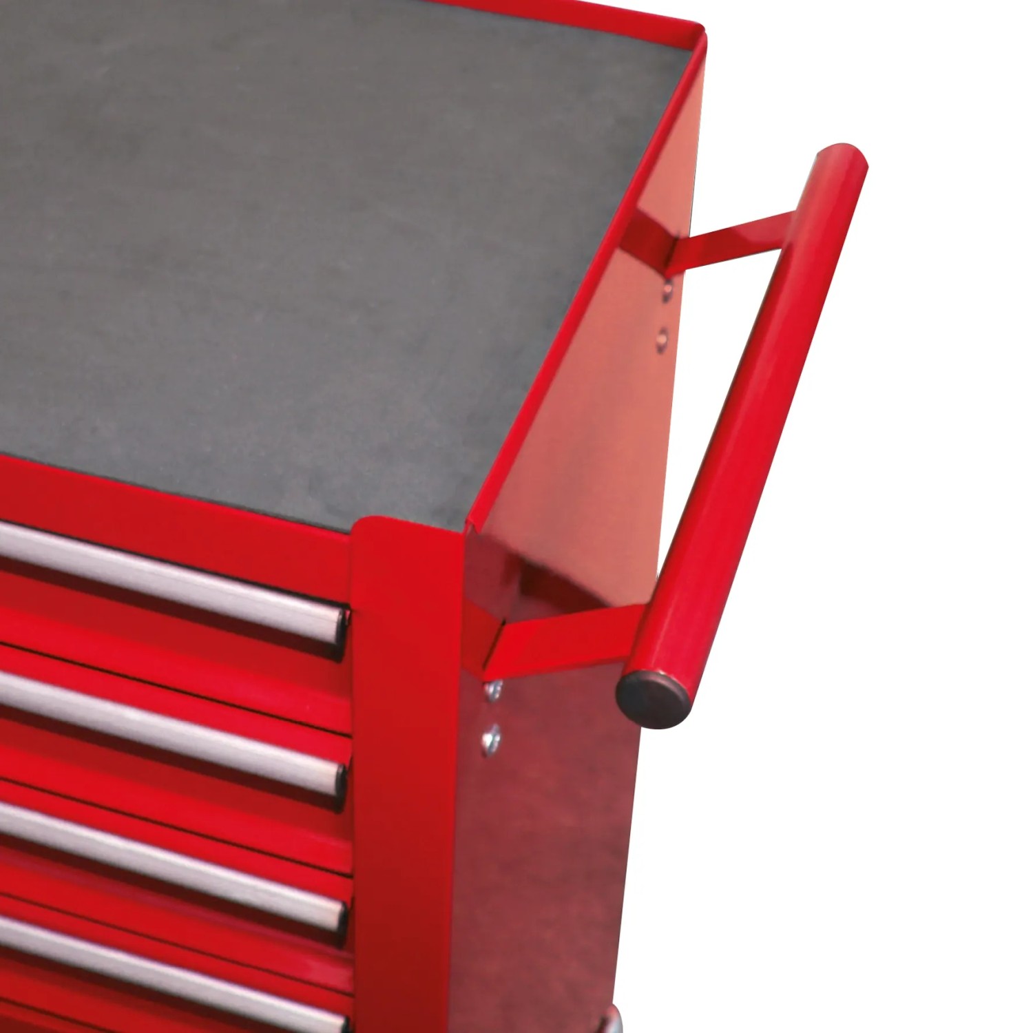 Detailansicht: Roter Einhell Werkstattwagen TC-TW 100 mit Schubladen und Griff.