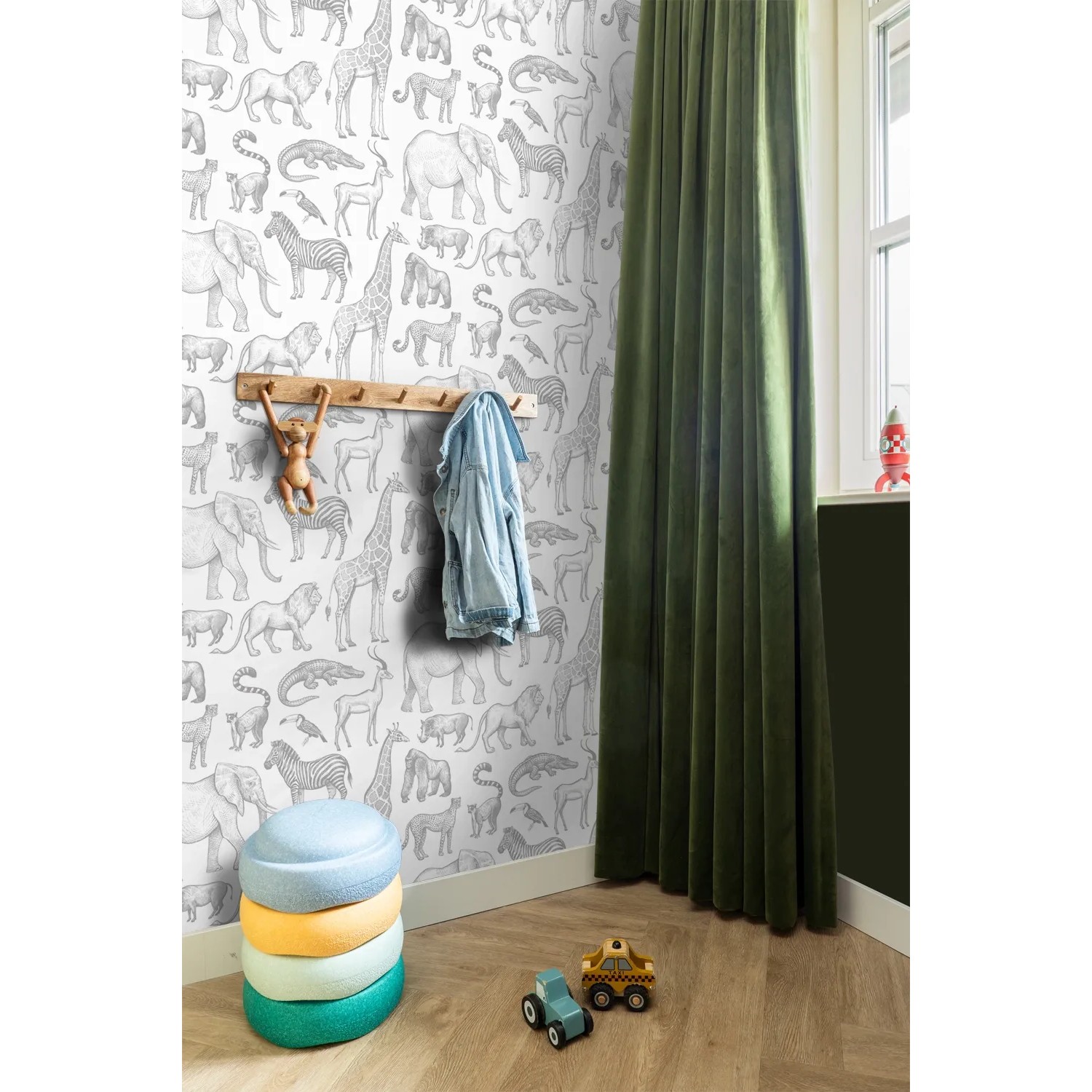 ESTAhome Vliestapete Dschungeltiere in Weiß und Grau. Dekorative Tapete mit Tiermotiven für Kinderzimmer.