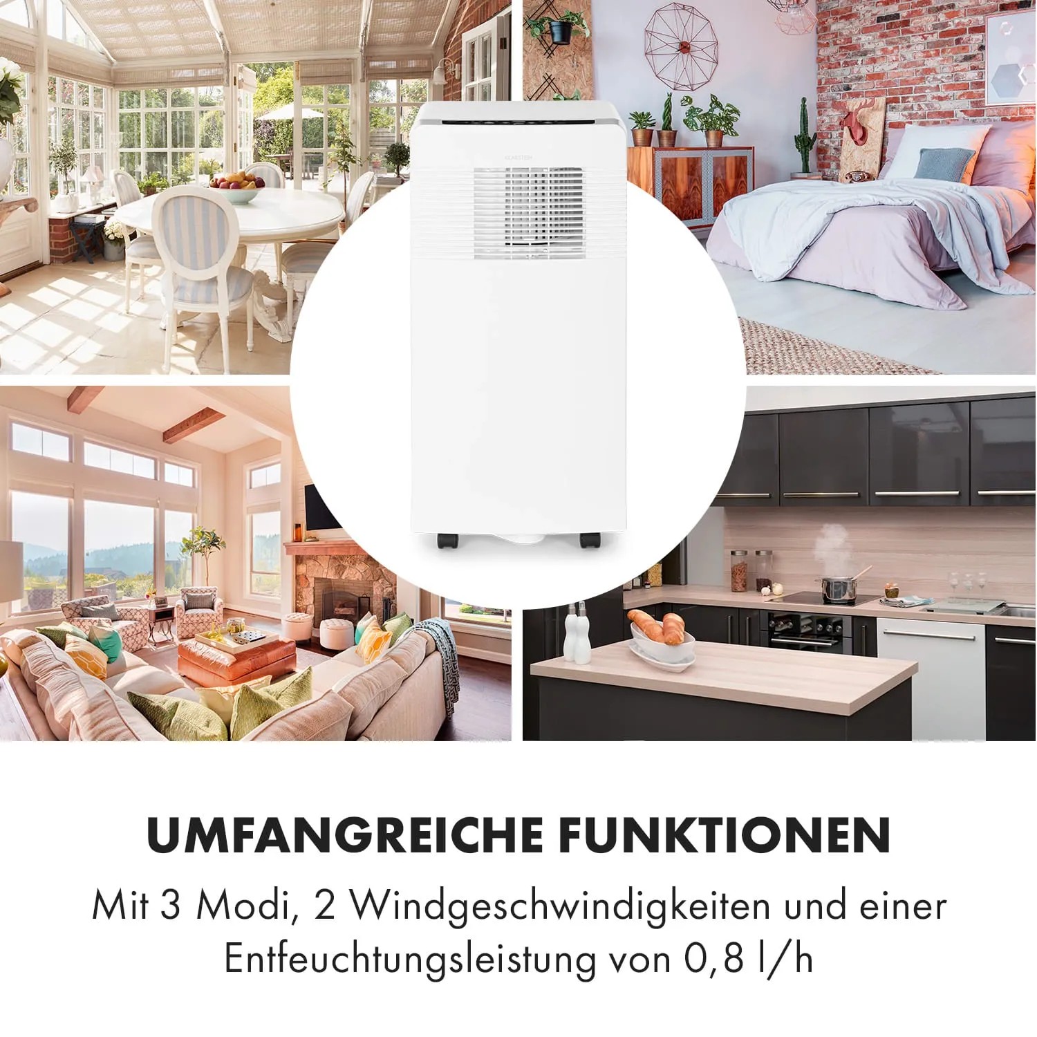 Weißes Klarstein Iceblock Ecosmart 7 Klimagerät in verschiedenen Wohnräumen.