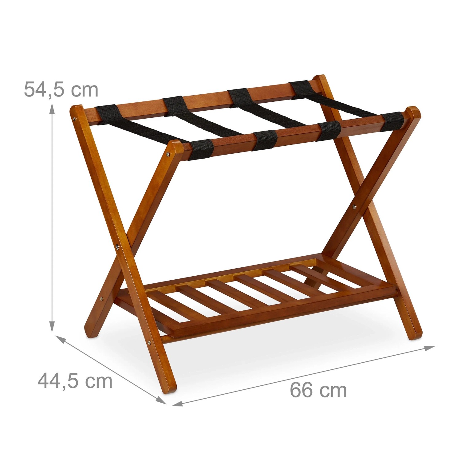 Klappbarer Kofferständer aus naturfarbenem Holz mit 2 Ablagen und schwarzen Gurten, 54,5x66x44,5 cm.
