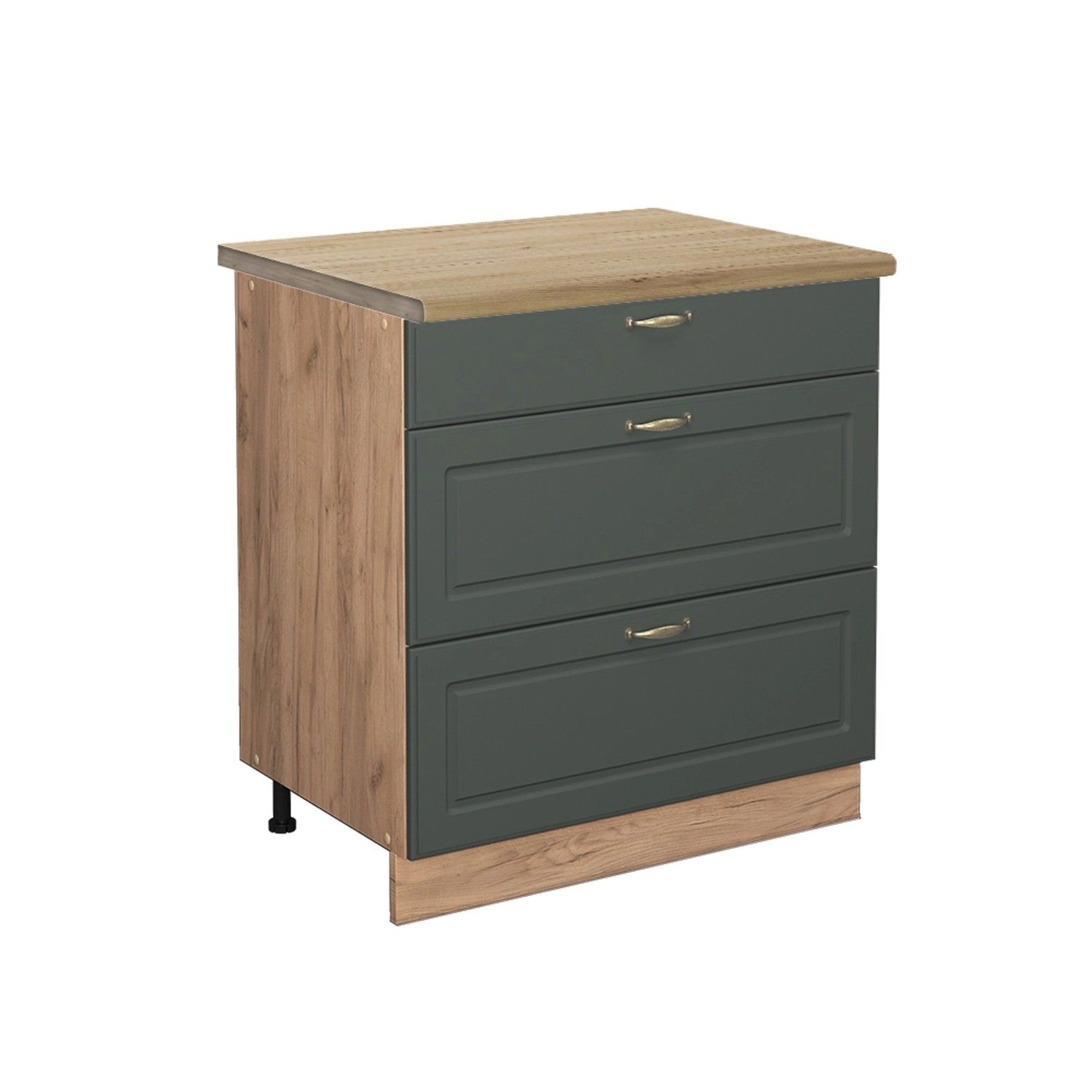 Vicco Küchenunterschrank Fame-Line Grün-Gold Landhaus/Goldkraft Eiche 80 cm mit 3 Schubladen AP Eiche