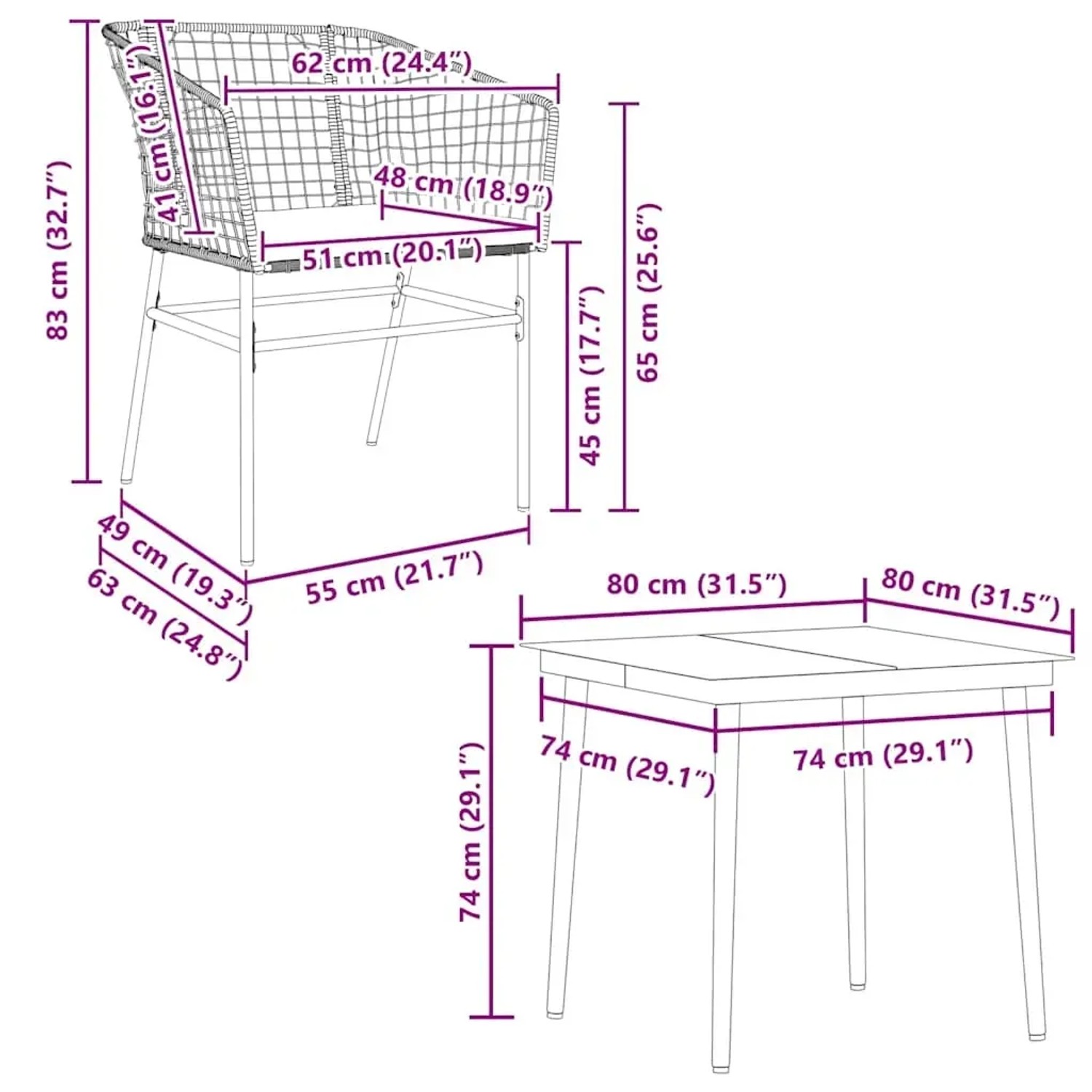 vidaXL 5-tlg. Garten-Essgruppe, braunes Poly Rattan mit Glasplatte, Maße