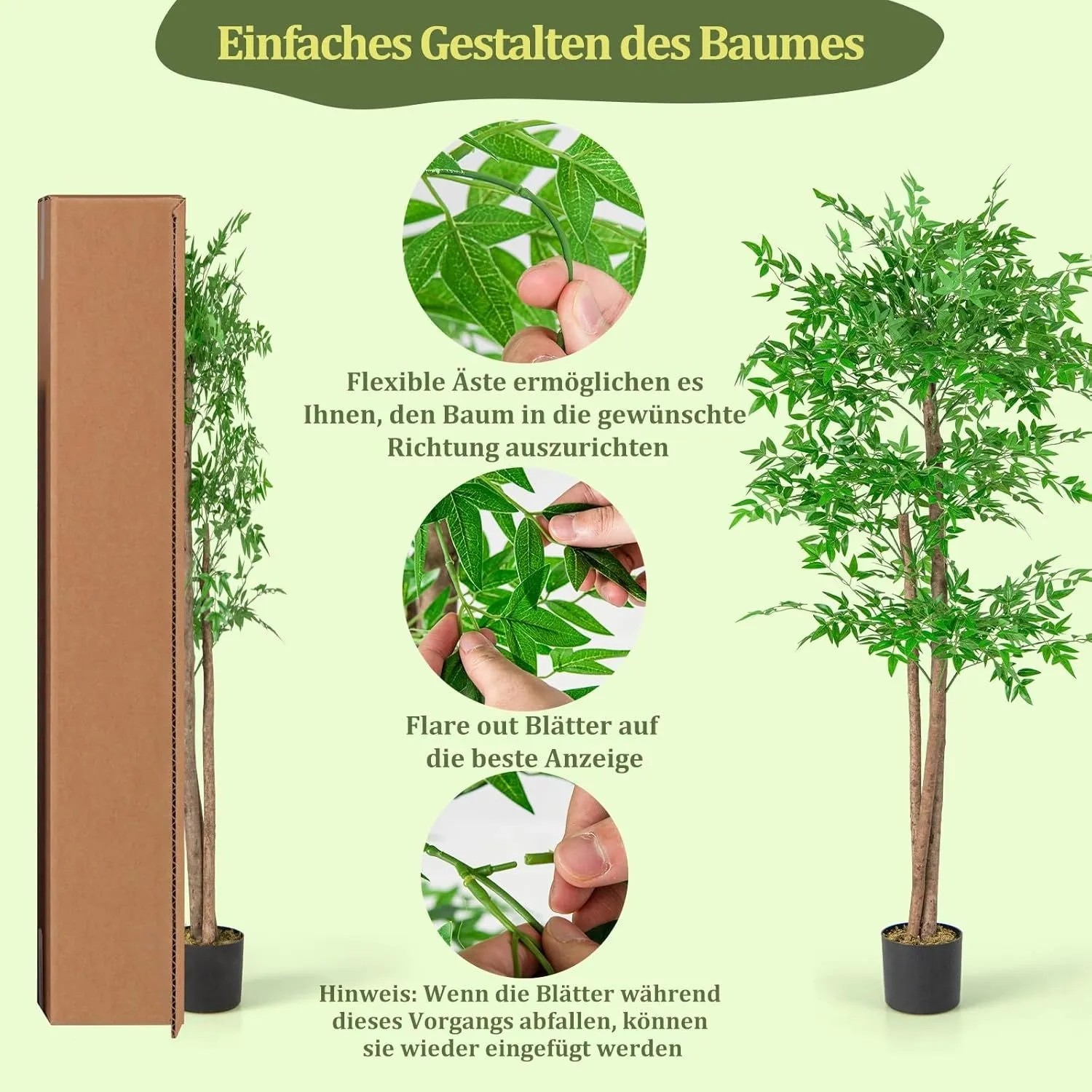 Künstlicher Bambus 150 cm mit Topf, grüne Blätter, braune Stämme. Zeigt das Biegen der Äste zum Gestalten der Kunstpflanze.