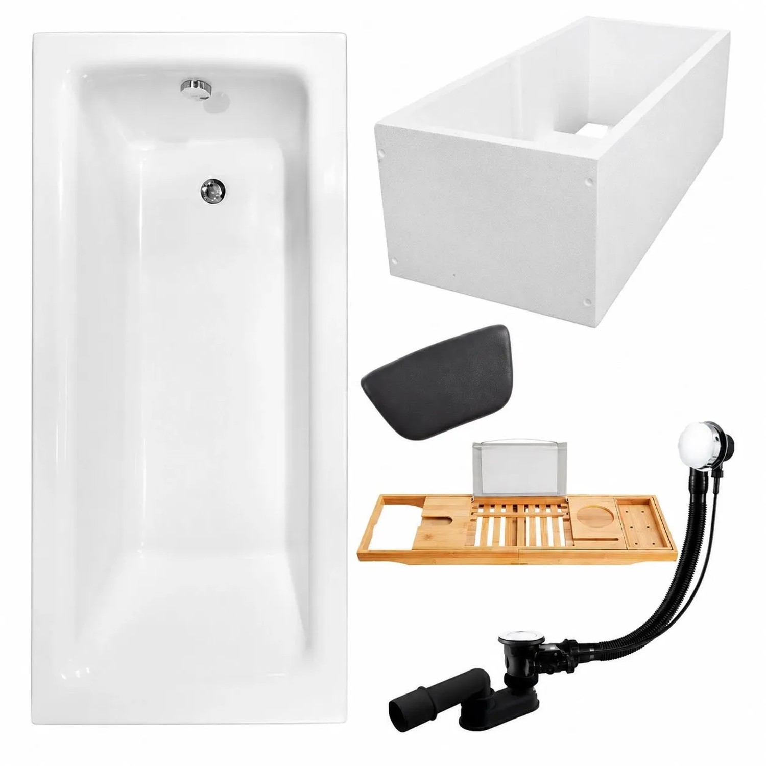 KOLMAN Badewanne Rechteck 160 x 75 Cm Mit Wannenträger Mit Bambus Badewannenablage Mit Kopfstütze KODI Inkl. Ablauf Und Füße