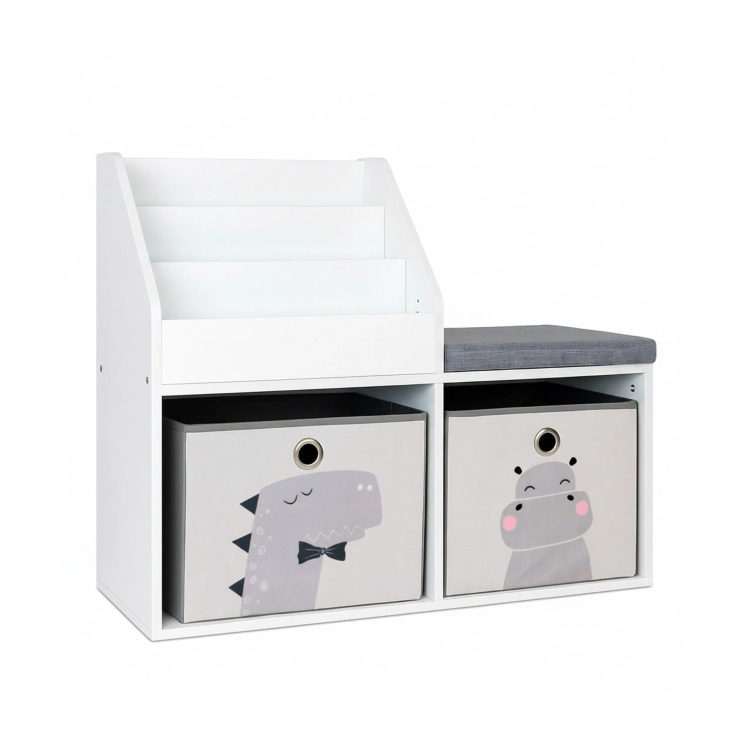 Relaxdays Kinderbank mit Bücherregal MDF Polyester Schaumstoff Weiß Grau Mit Sitzkissen 72 cm x 79 cm x 31 cm