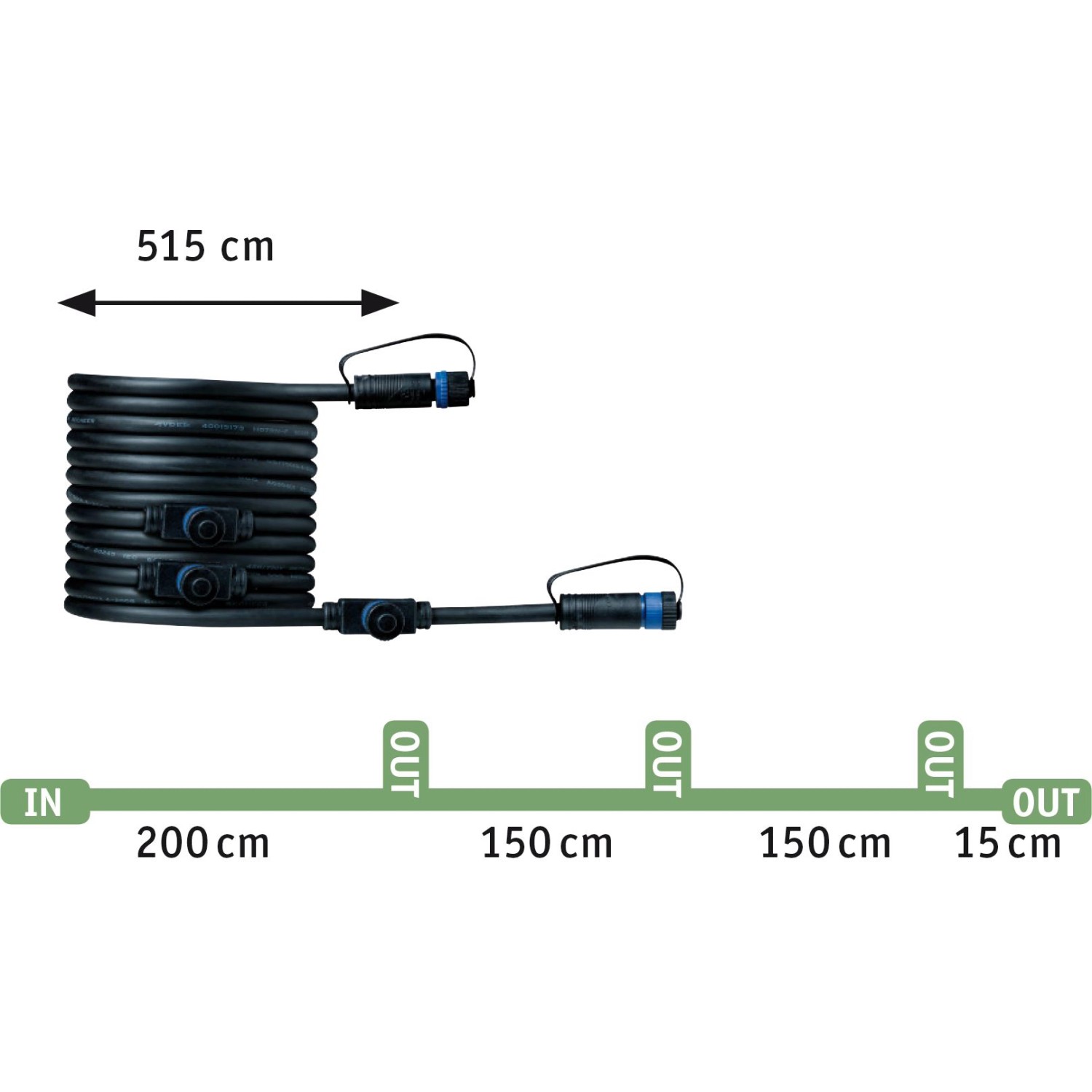 Paulmann Plug & Shine: Schwarzes Verbindungskabel mit Stecker und Maßangaben für Außenbeleuchtung.