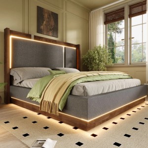 Graues Merax Polsterbett 180x200 mit LED-Beleuchtung an Kopfteil und Rahmen, Leinenbezug und Holzdetails.