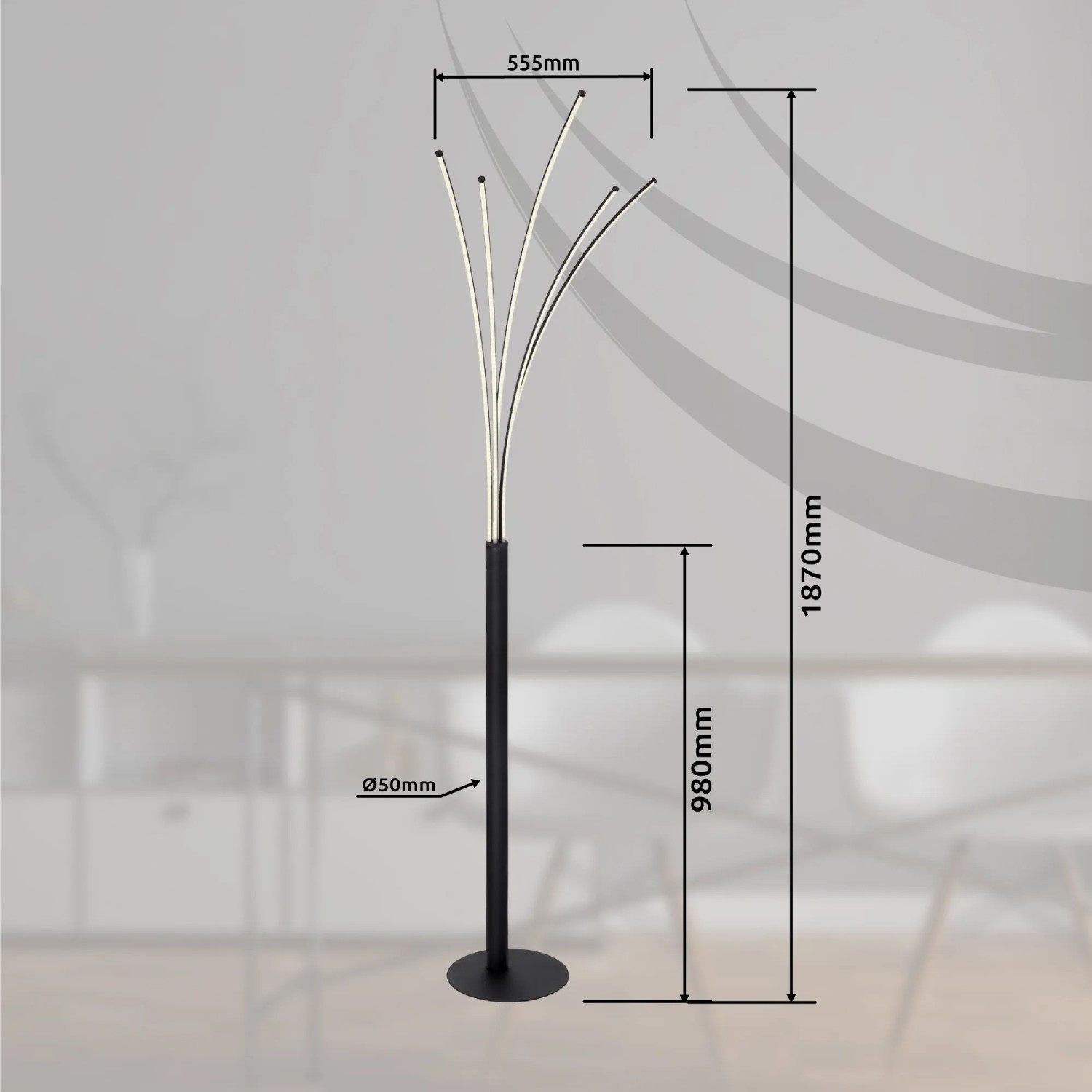 Moderne LED-Stehlampe Bizzy in Schwarz matt, dimmbar und per App steuerbar. Design-Stehleuchte für Smart Home.