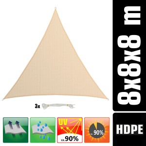 Beiges, dreieckiges 8x8x8 m AMANKA Sonnensegel aus HDPE, wasserdurchlässig und mit UV-Schutz.