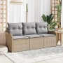Beiges 3-tlg. vidaXL Garten-Sofa-Set aus Poly Rattan mit grauen Kissen und Stauraum.