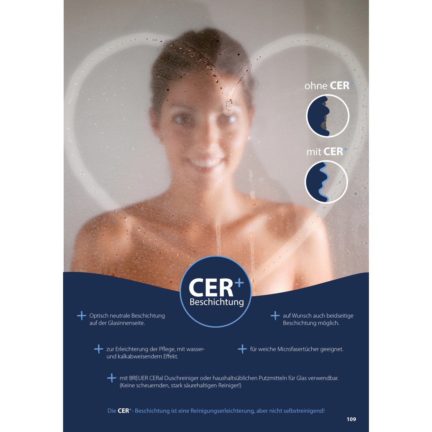 Breuer Walk-In Duschwand Panorama mit CER+ Beschichtung für leichtere Reinigung.