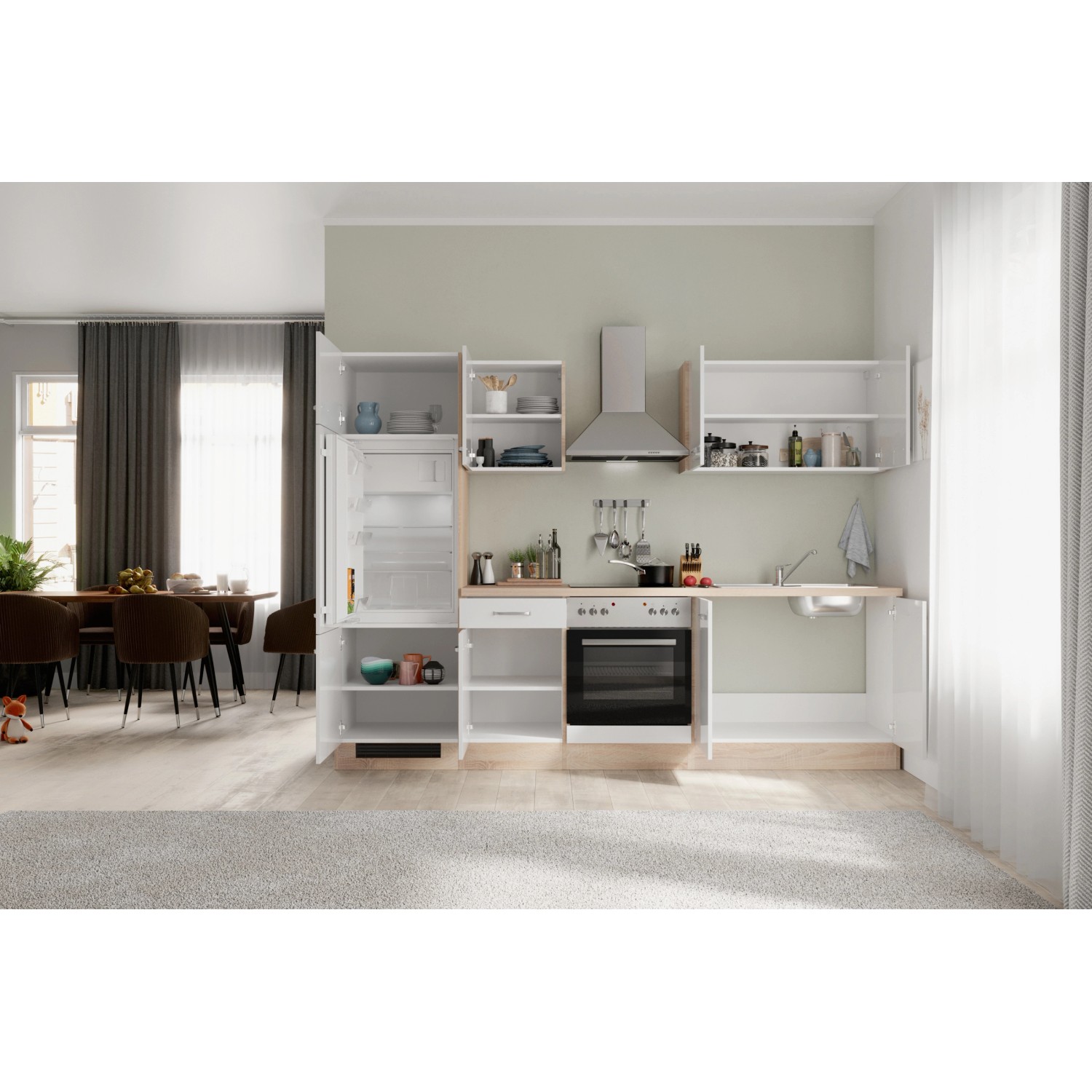 Flex-Well Küchenzeile Valero, 270 cm, Weiß Hochglanz/Sonoma Eiche, mit E-Geräten.