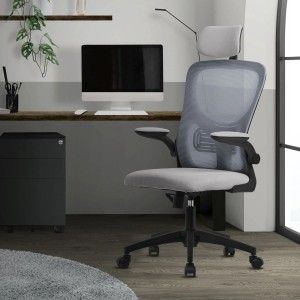 Ergonomischer, grauer ML-Design Bürostuhl aus Mesh mit verstellbarer Rückenlehne und Kopfstütze.