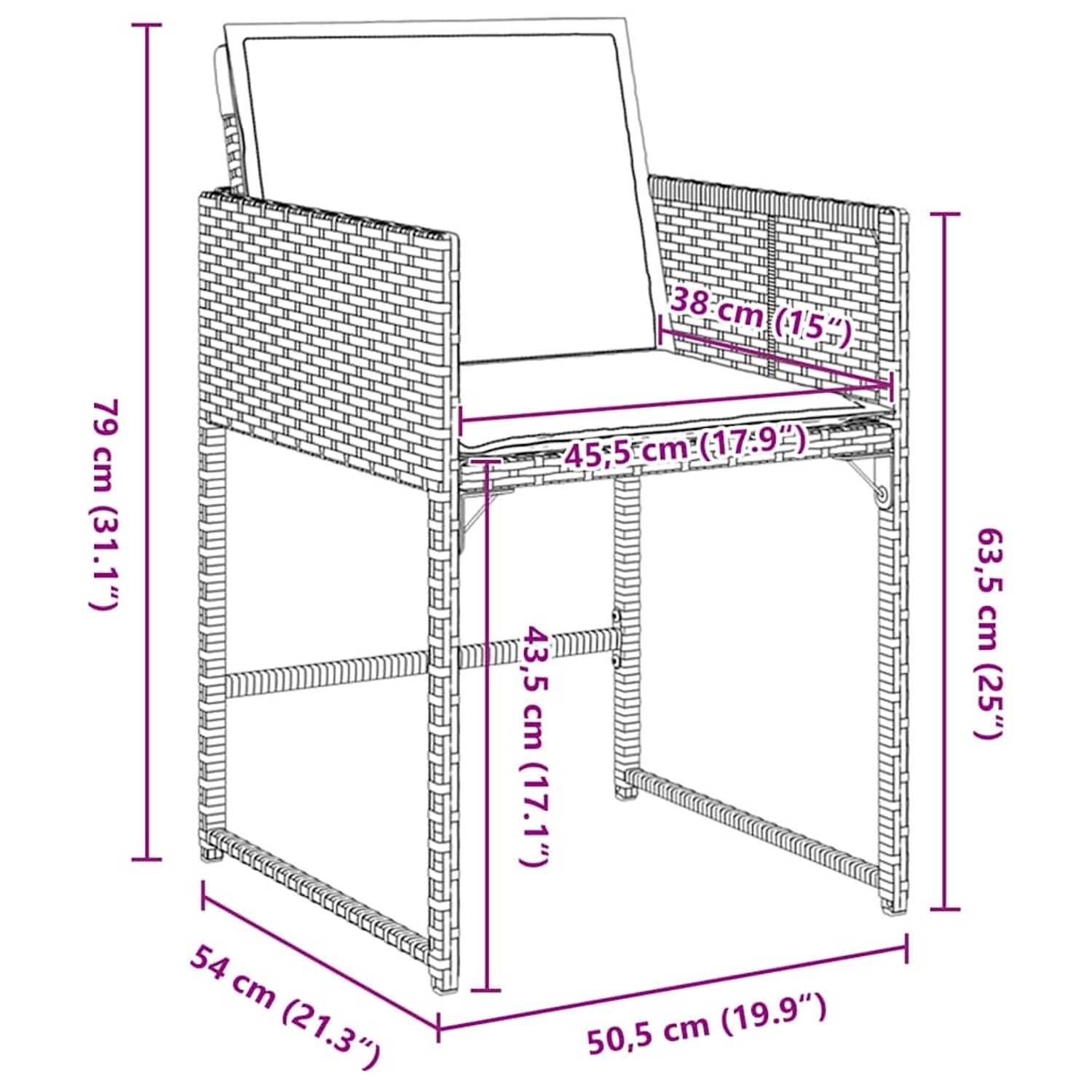 Skizze eines schwarzen 5-teiligen vidaXL Garten Essgruppe aus Poly Rattan mit Maßen.