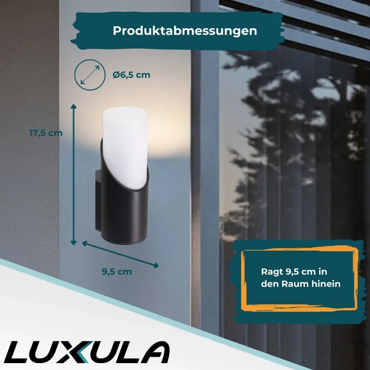 Schwarze LUXULA Wandleuchte Außen mit Maßen, wetterfeste Terrassenleuchte.