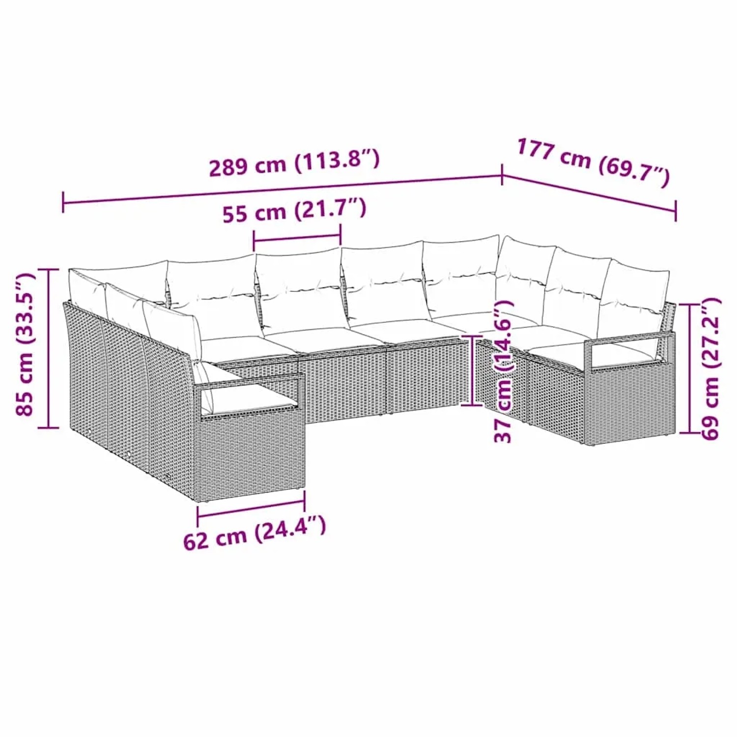 vidaXL Garten-Sofa-Set, 9-teilig, braunes Poly Rattan, Maße: 289x177x85cm. Gartenmöbel für Terrasse und Garten.