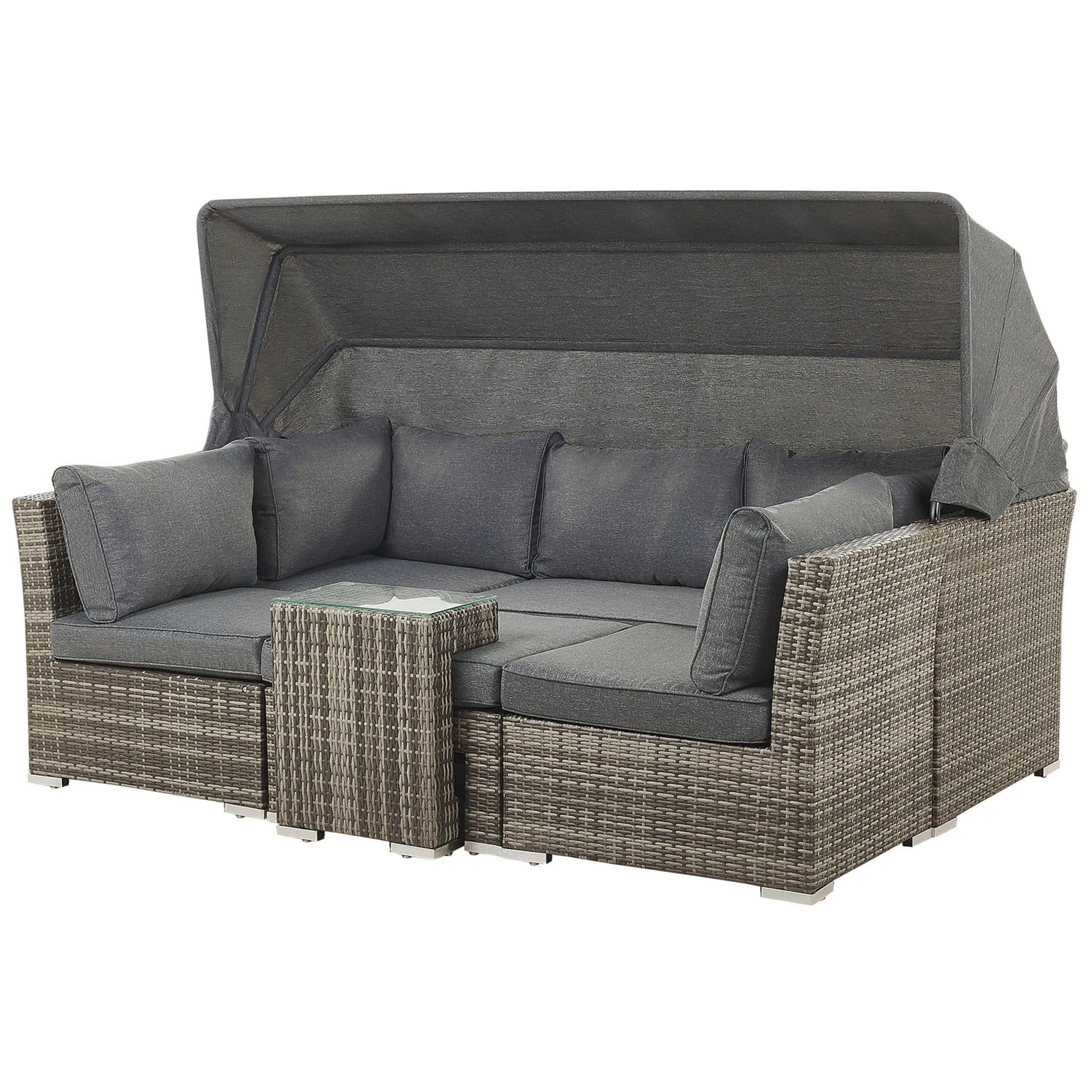 Dunkelbraunes Polyrattan Lounge Set CORTE mit grauen Kissen, aufgestelltem Sonnendach und integriertem Tisch.