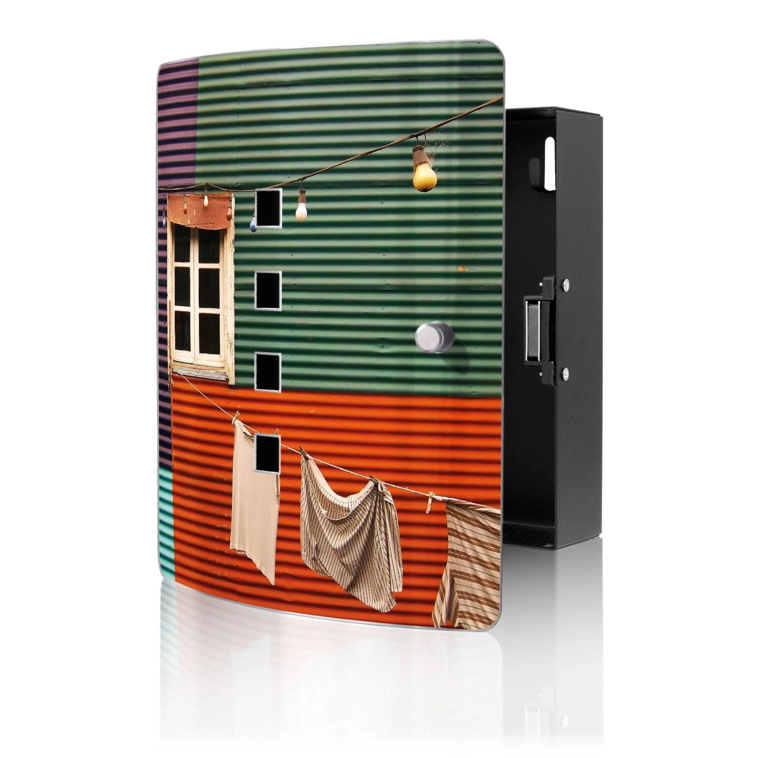 Banjado Design Schlüsselkasten Aus Edelstahl Für 10 Schlüssel 24x21,5x7cm Mit Magnetverschluss Motiv Buntes Haus