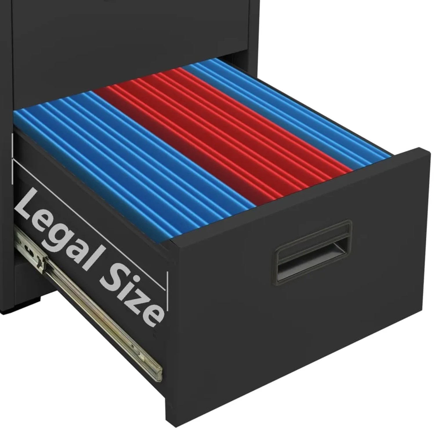 Geöffneter, anthrazitfarbener vidaXL Aktenschrank aus Stahl mit Hängeordnern im Legal-Format.