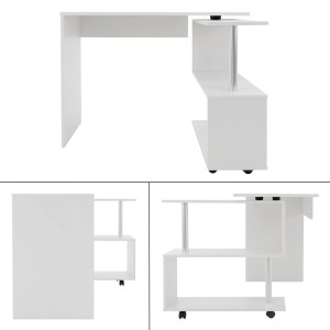 Weißer, drehbarer ML-Design Eckschreibtisch in L-Form mit Ablageflächen.