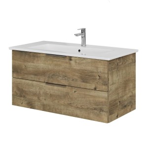 Steinkamp Einzelwaschtisch mit Eiche Ribbeck Dekor und Villeroy & Boch Waschbecken.