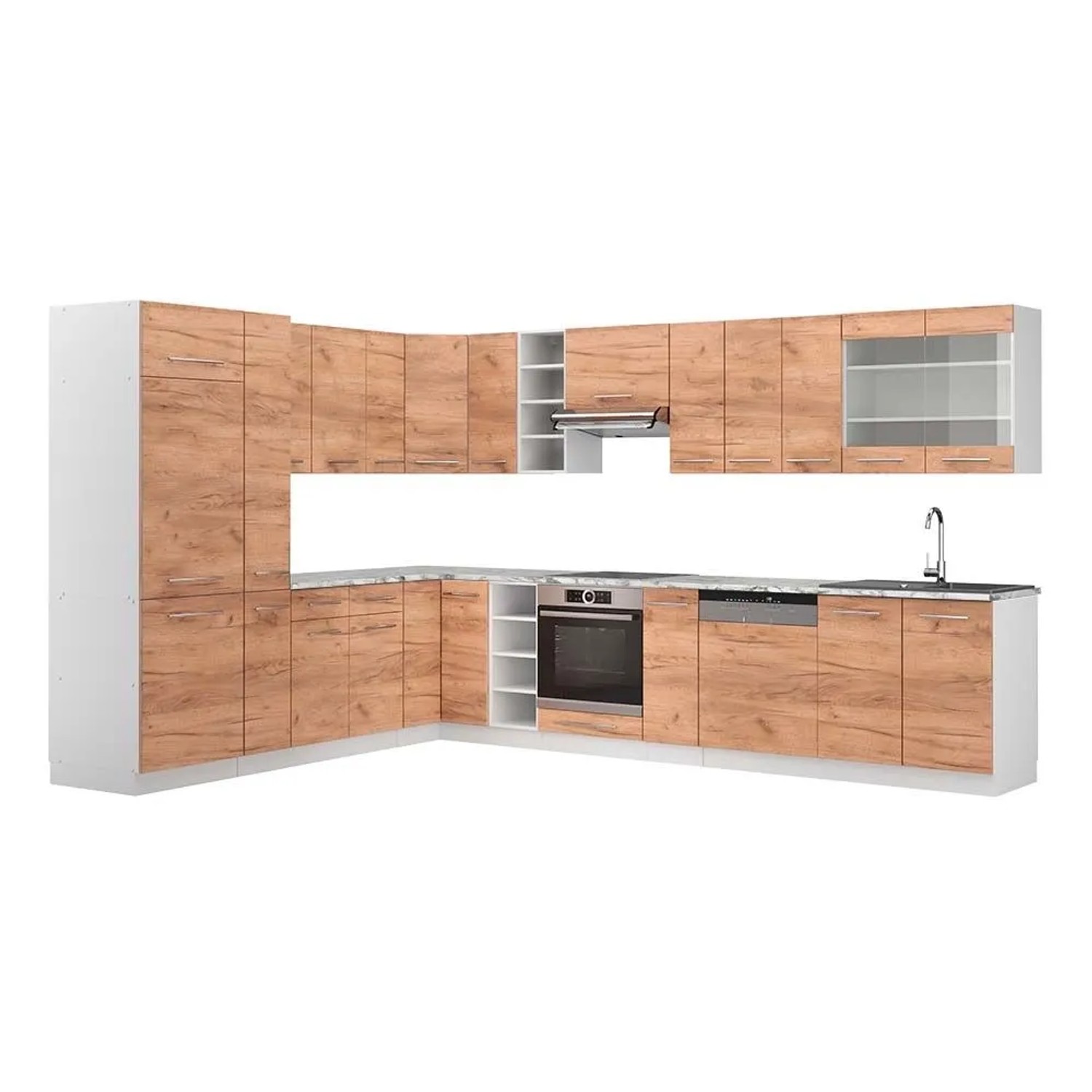 Vicco Eckküche Fame-Line Goldkraft Eiche/Weiß 347 x 82, AP Marmor