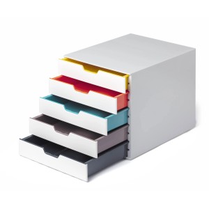 Durable Schubladenbox A4 Varicolor mit 5 bunten Fächern und Beschriftungsetiketten für Büro und Schreibtisch.