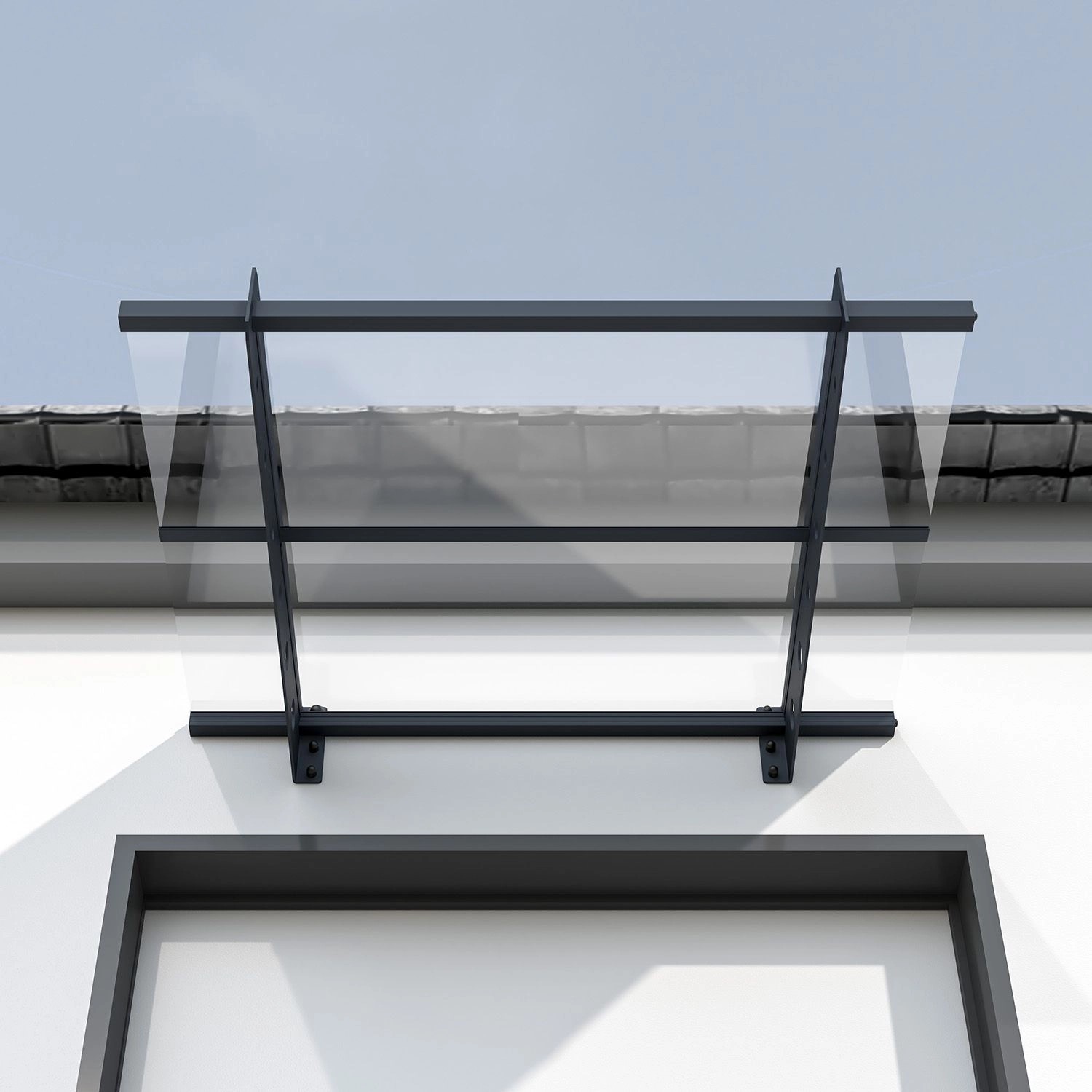 Modernes Juskys Vordach Manila 100x80 cm aus Stahl und Acrylglas über einer Tür.