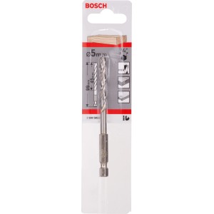 Bosch Holzspiralbohrer, 5 mm Durchmesser, mit 1/4 Zoll Sechskantschaft für präzise Holzarbeiten.