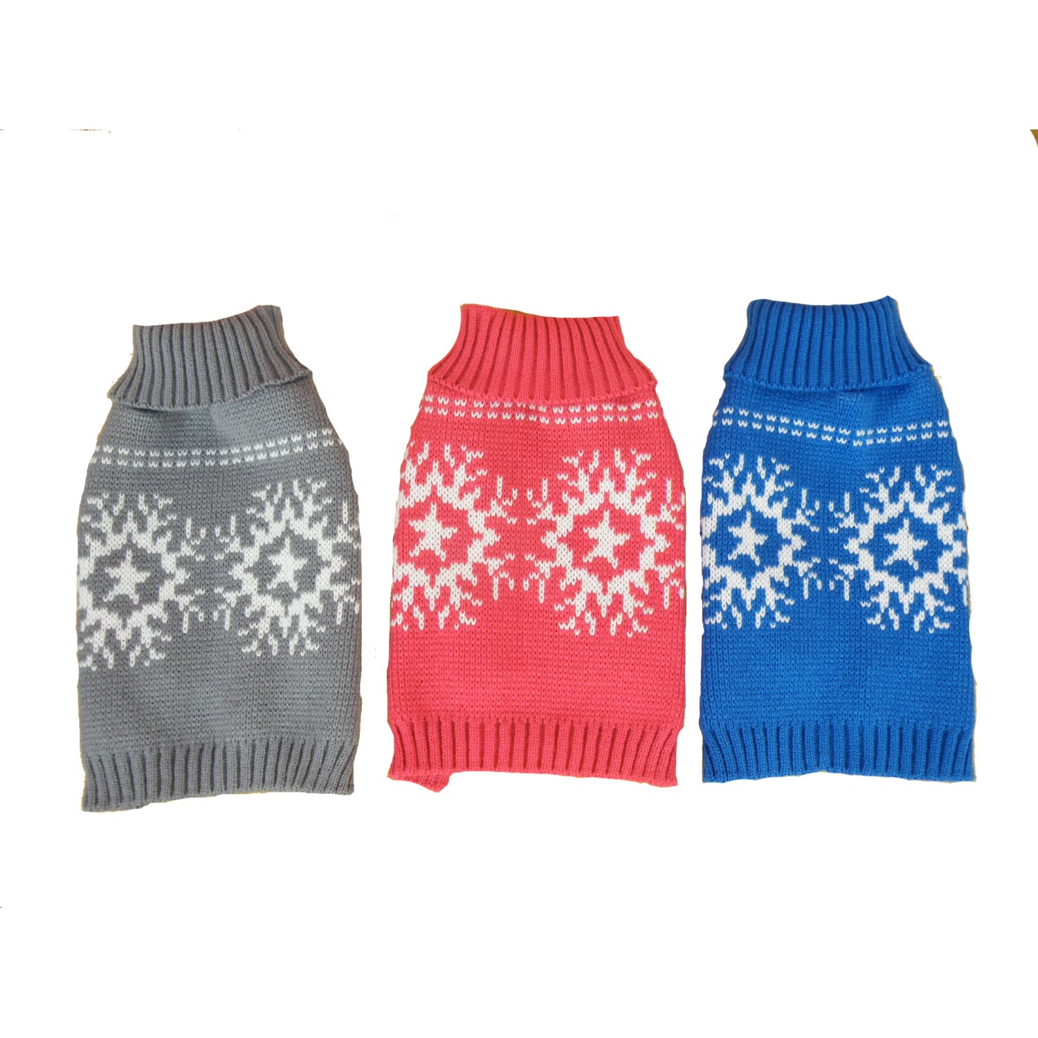 Hundepullover mit Schneeflockenmuster in Grau, Rot und Blau. Winterliche Kleidung für kleine Hunde.