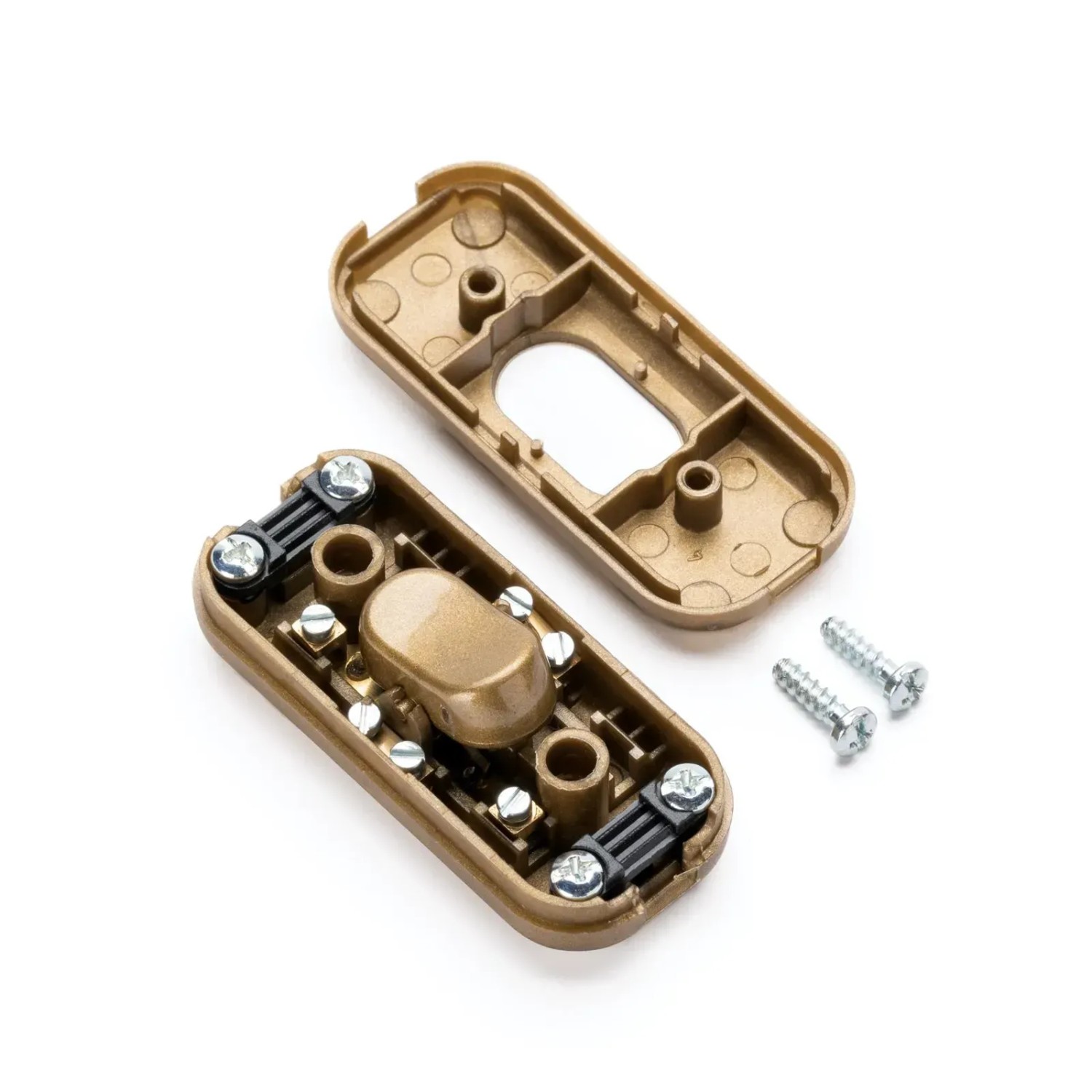 Offener, goldfarbener Orion Lightstyle Schnur-Zwischenschalter (3-polig) mit Schrauben.