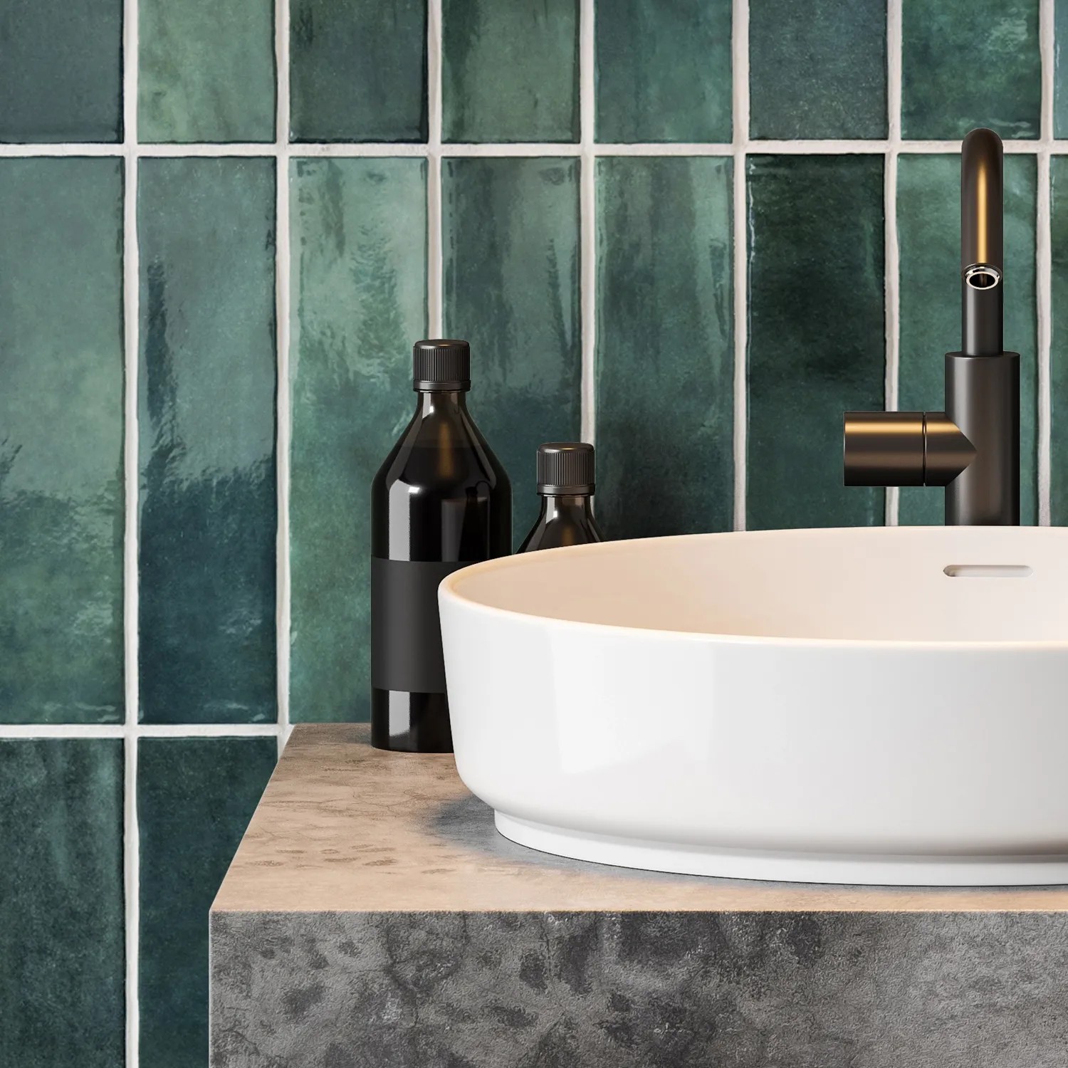 Grosfillex Wandpaneele Element 3D Optik Vertical Tiles Lagoon im Badezimmer mit Waschbecken.