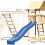 Karibu Spielturm Lotti mit Doppelschaukel, Klettergerüst und blauer Rutsche, Maße eingezeichnet.