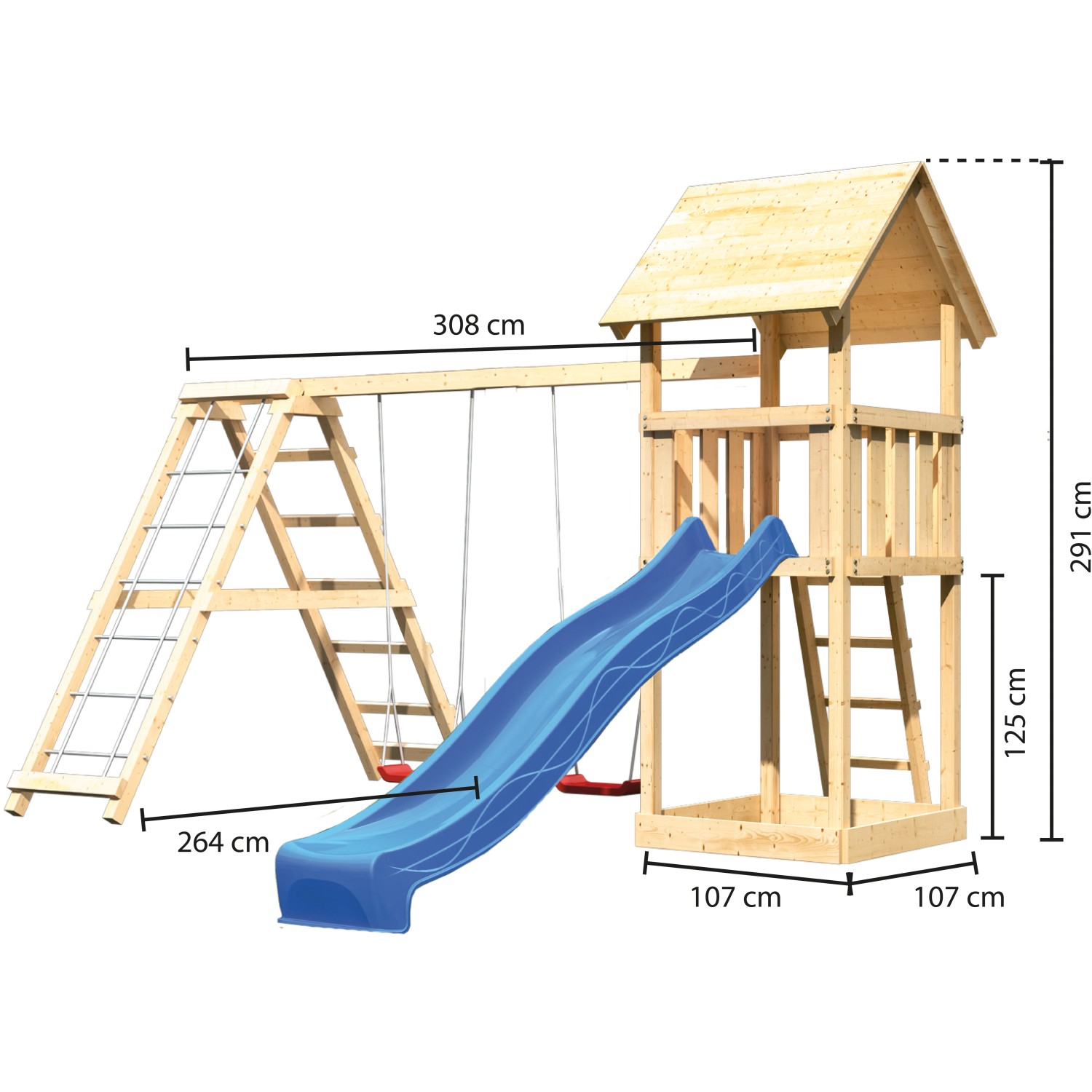 Karibu Spielturm Lotti mit Doppelschaukel, Klettergerüst und blauer Rutsche, Maße eingezeichnet.