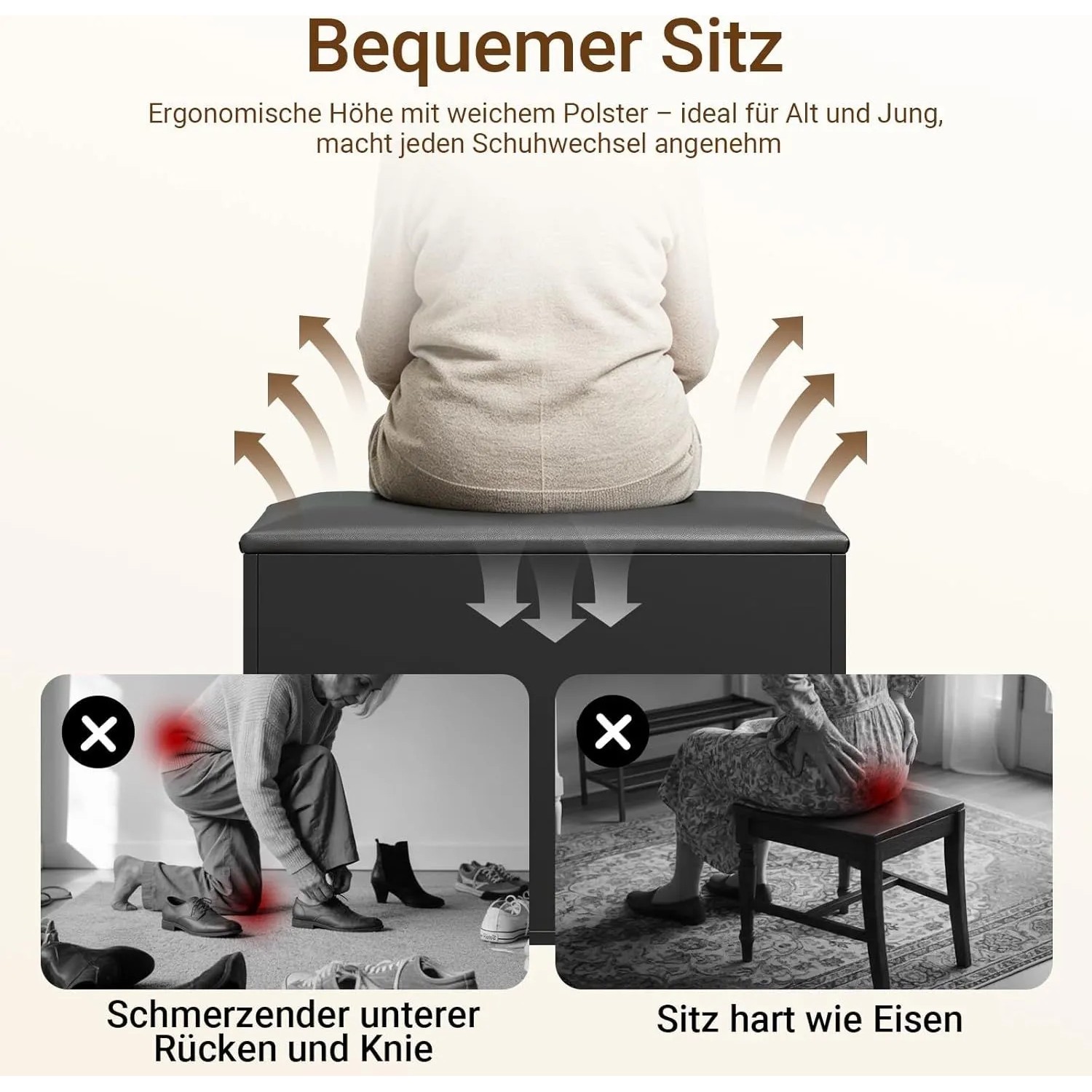 Schwarze SoBuy Schuhbank mit gepolsterter Sitzfläche. Bietet bequemen Sitzkomfort beim Schuhewechseln, vermeidet Schmerzen.