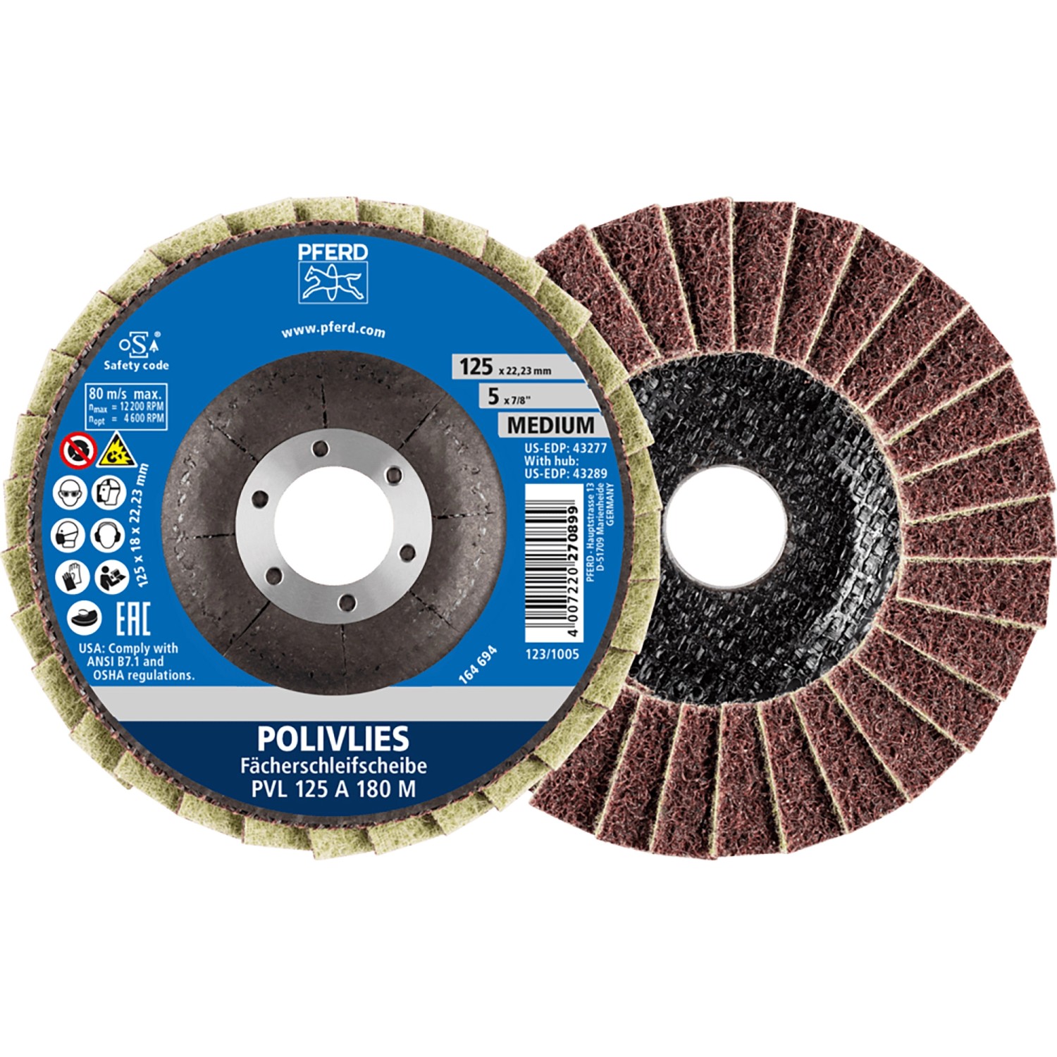 Pferd Vlieswerkzeuge PVL 125 mm, Körnung 180 M, für Schleifmaschinen. Fächerscheibe für Edelstahl.