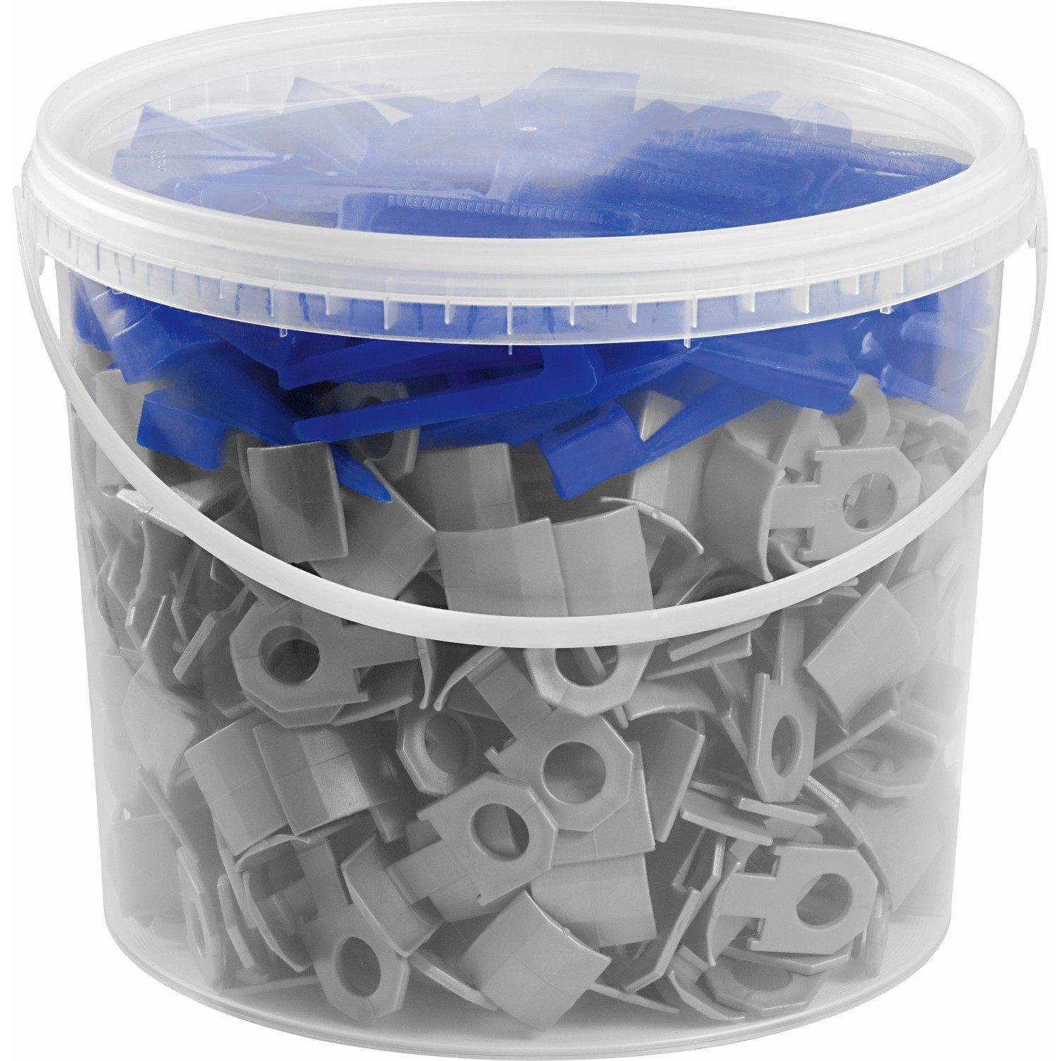 LUX Nivellierhilfe Startset: 100 Keile (blau), 300 Clips (grau) im Eimer.