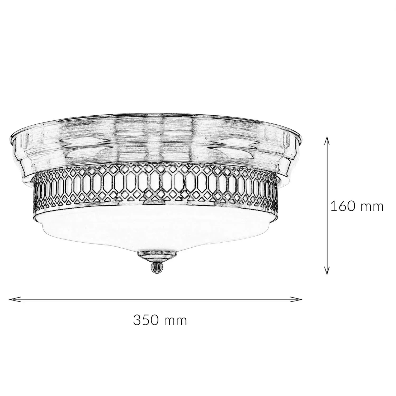 Deckenlampe Bad, Ø 35cm, IP44, 2x E27, Glas/Metall, Messing, Antik-Weiß. Detailzeichnung mit Maßangaben.