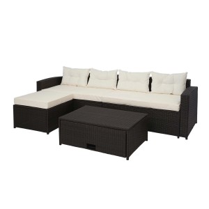 Braune Poly-Rattan Lounge-Garnitur mit creme-beigen Kissen, 4-teilig mit Tisch und Stauraum.