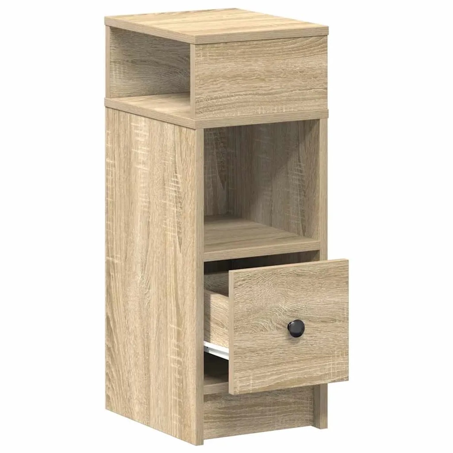 Schlanker Nachttisch in Sonoma-Eiche mit offener Ablage und einer Schublade mit schwarzem Knopf. Ideal für Schlafzimmer.
