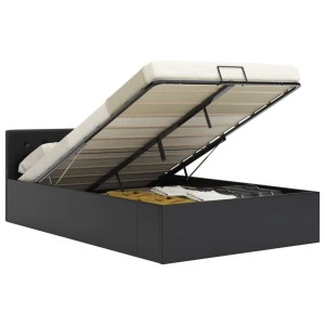 Schwarzes vidaXL Stauraumbett aus Kunstleder (120x200 cm) mit hochgeklappter Matratze und Stauraum darunter.