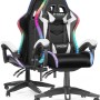 Ergonomischer Gaming Stuhl in Schwarz-Weiß mit bunter LED-Beleuchtung, Kopf- und Lendenstütze, höhenverstellbar.