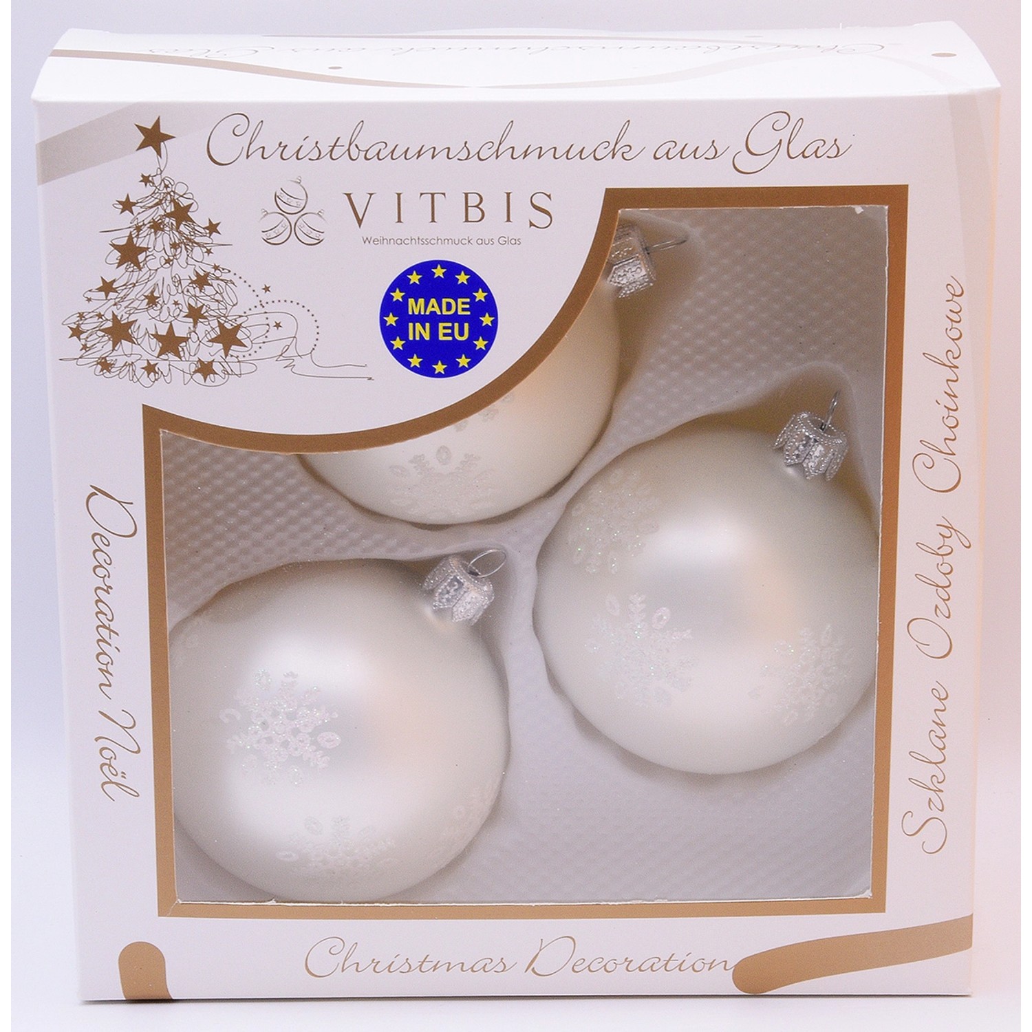 Vitbis Glas-Weihnachtskugeln 3-teilig Dekor Weiß-Matt Ø 8 cm günstig online kaufen
