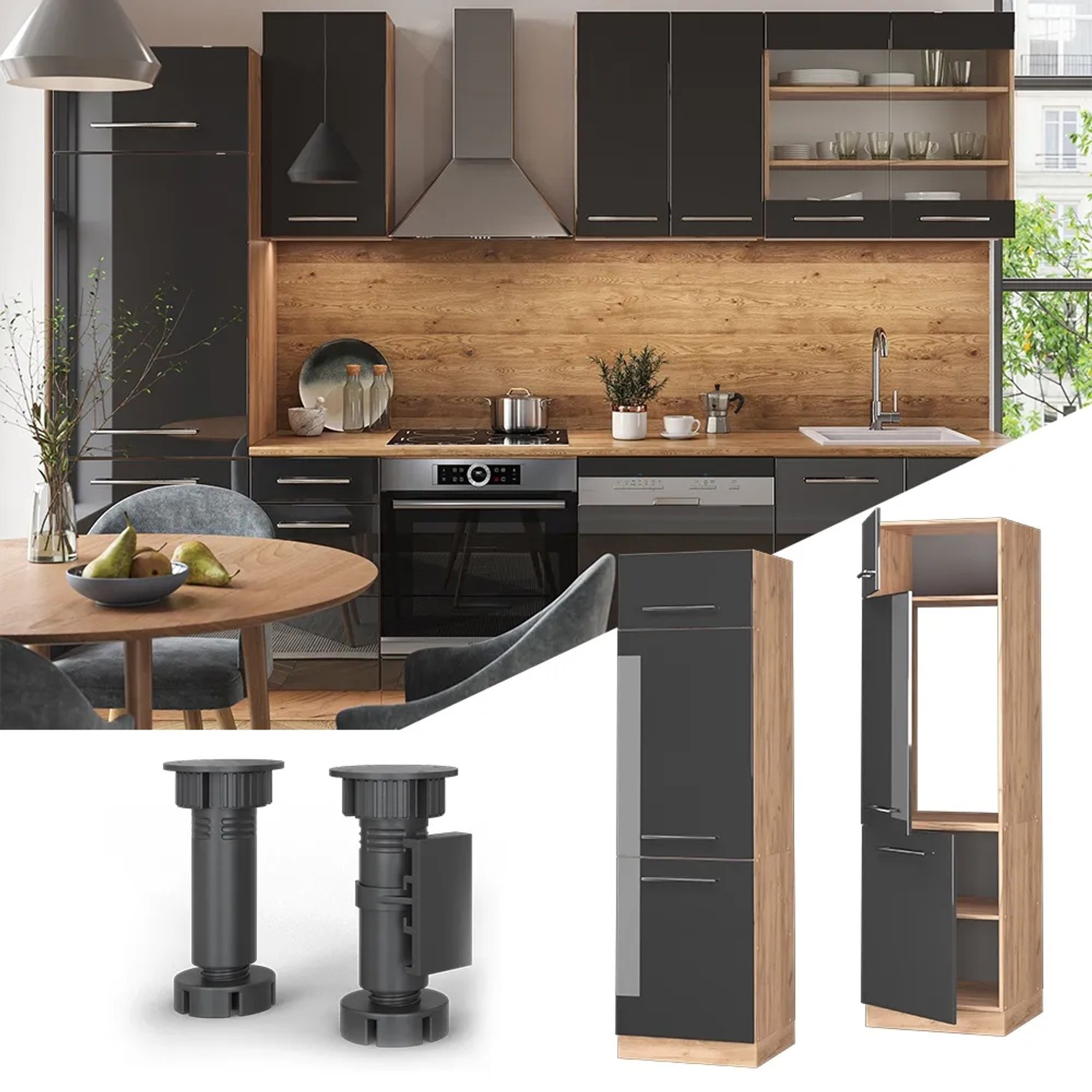 Vicco Kühlumbauschrank Fame-Line Anthrazit Hochglanz/Goldkraft Eiche 60 cm_2