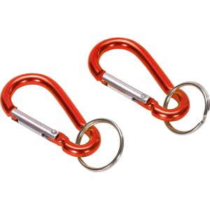 Zwei rote Aluminium Karabinerhaken (50mm) mit Schlüsselring, ideal zur Befestigung oder als Schlüsselanhänger.