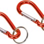 Zwei rote Aluminium Karabinerhaken (50mm) mit Schlüsselring, ideal zur Befestigung oder als Schlüsselanhänger.