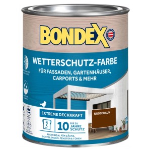Dose Bondex Wetterschutzfarbe Nussbraun, geeignet für Fassaden, Gartenhäuser und Carports.