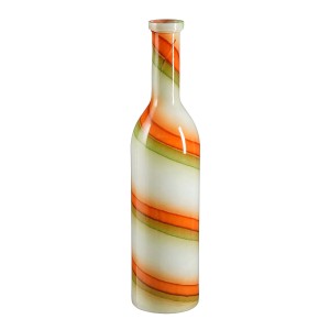 Cremefarbene Deko-Flasche Rioja von Mica Decorations, 75 cm hoch, mit orange-grünen Streifen.